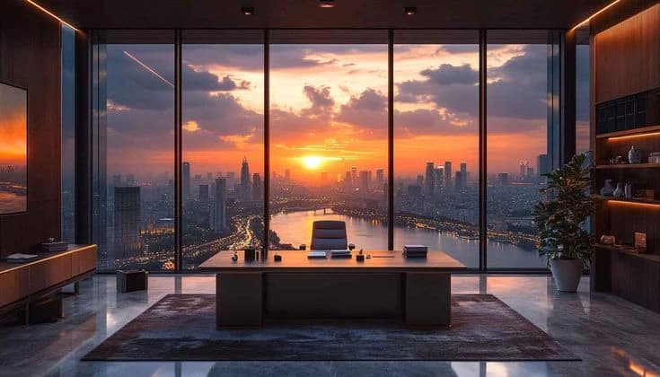 Commercial Construction 2 Cityscape Sunset Wallpaper Modern Office Interior River View